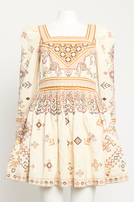 Adilah Cream Embroidered Preowned Mini Dress