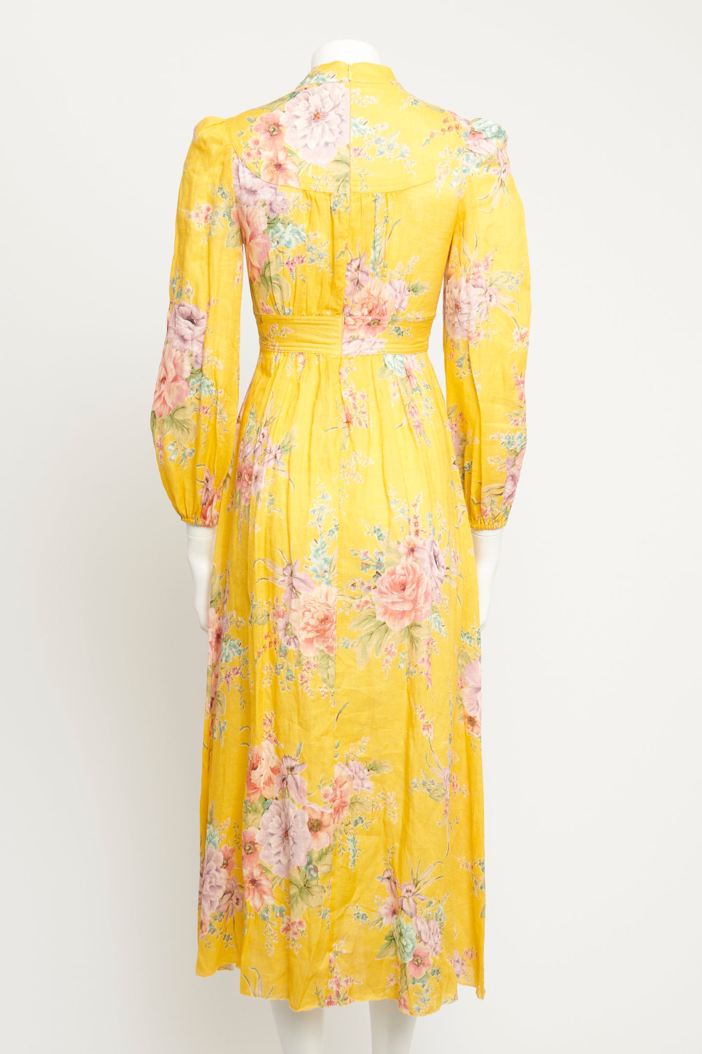 Yellow Linen Preowned Zinnia Floral Midi Dress