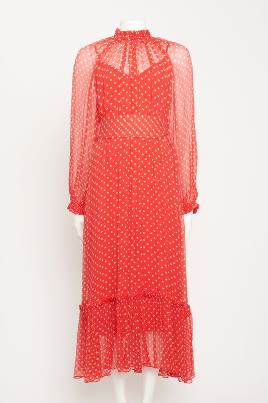 Red Silk Preowned High Neck Sheer Midi Dress