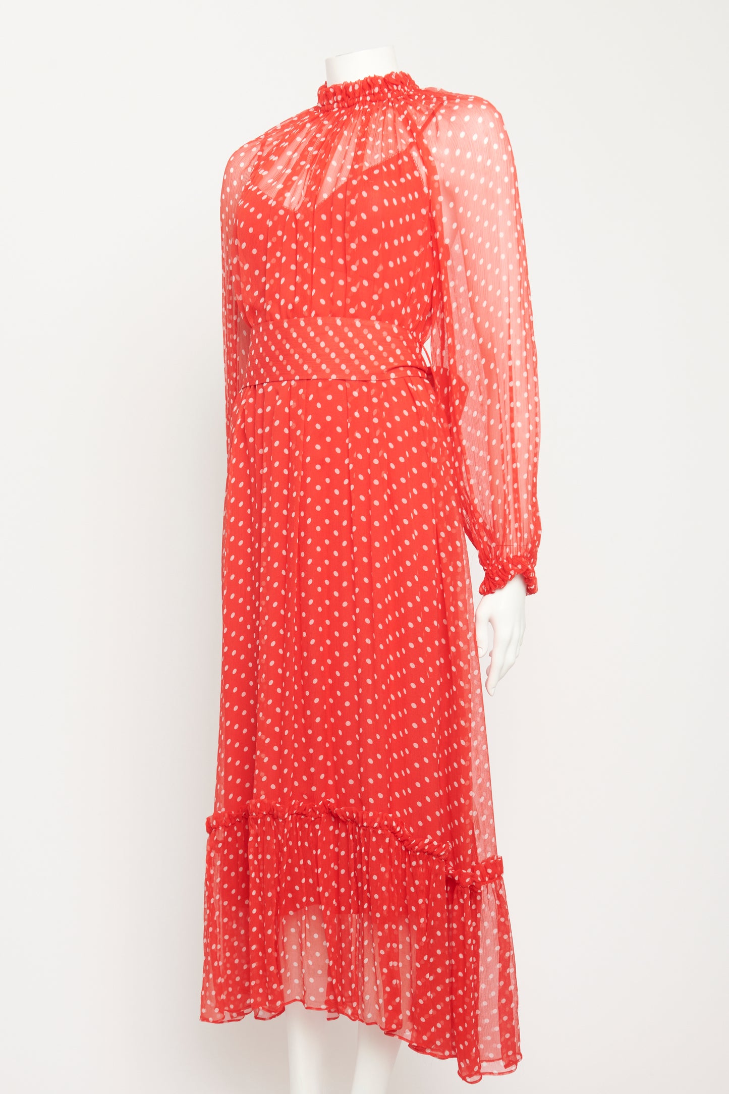 Red Silk Preowned High Neck Sheer Midi Dress