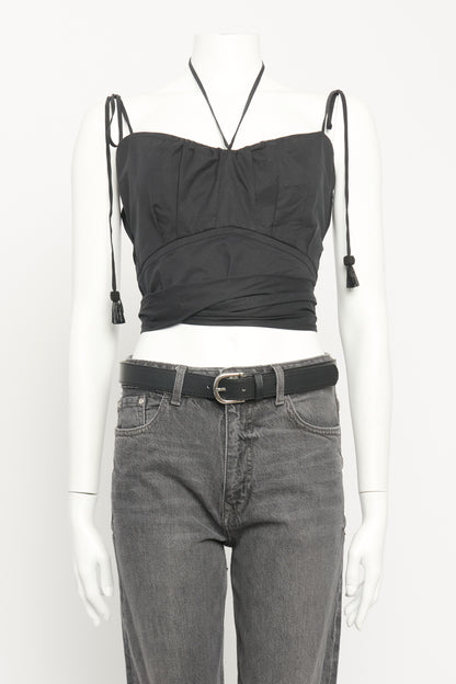 Black Cotton Poplin Preowned Retrospect Wrap Cropped Top