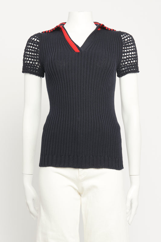 2005 Navy Cotton Preowned Crochet Knitted Polo Top