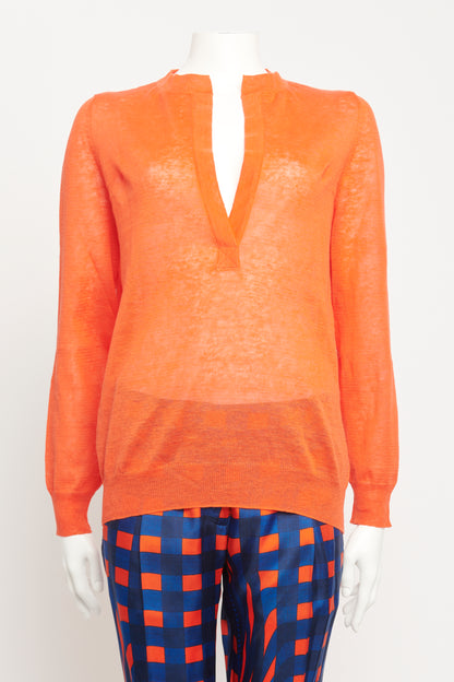 Orange Linen Preowned V-Neck Fine Knit Top