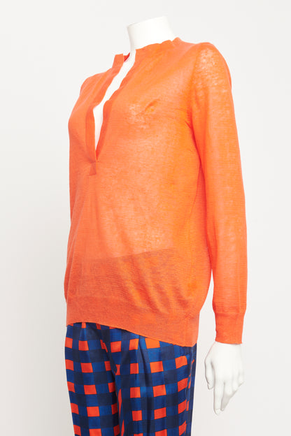 Orange Linen Preowned V-Neck Fine Knit Top