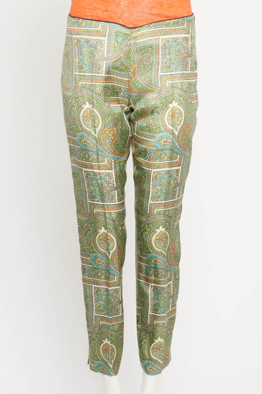 Green Silk-Twill Preowned Paisley Tapered Trousers