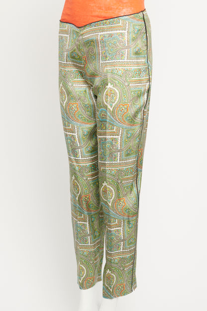 Green Silk-Twill Preowned Paisley Tapered Trousers