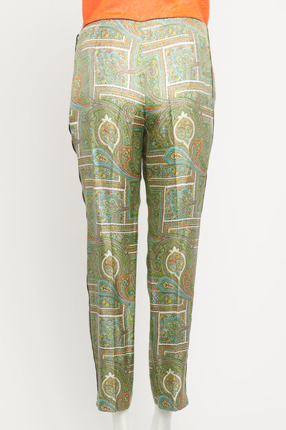 Green Silk-Twill Preowned Paisley Tapered Trousers