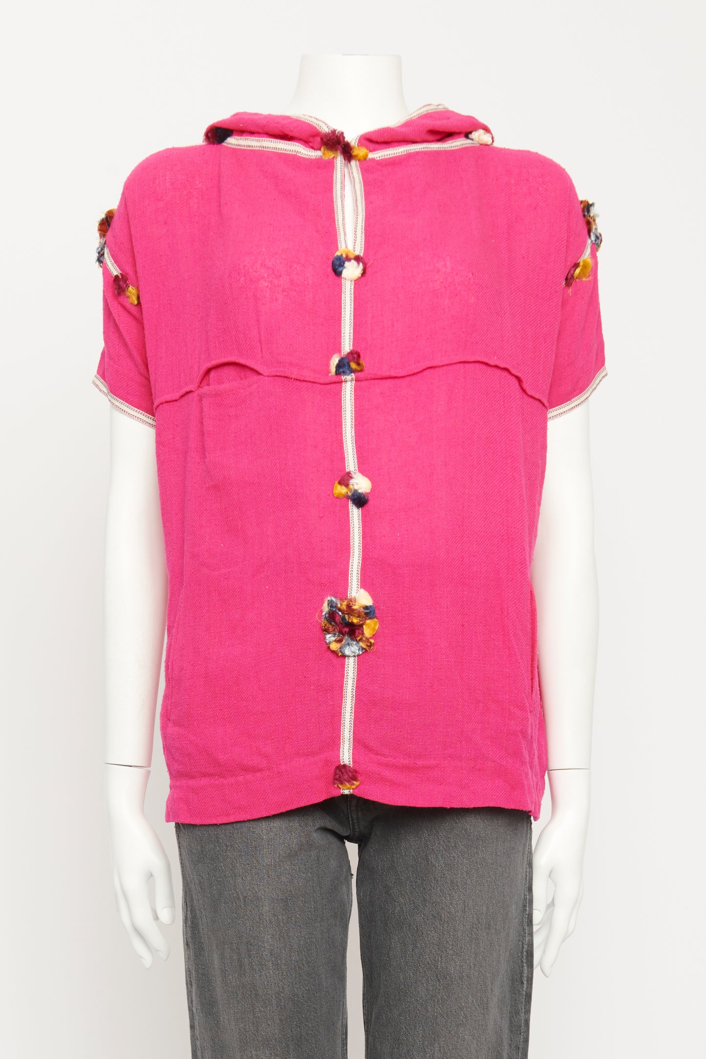 Pink Linen Preowned Pom Pom Embroidered Top