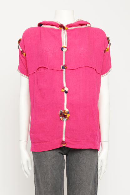 Pink Linen Preowned Pom Pom Embroidered Top