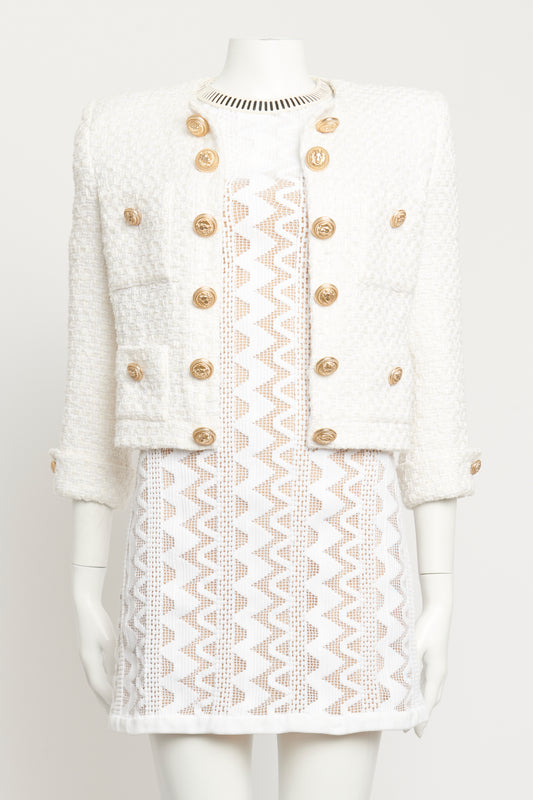 White Cotton Tweed Preowned Button Embellished Jacket