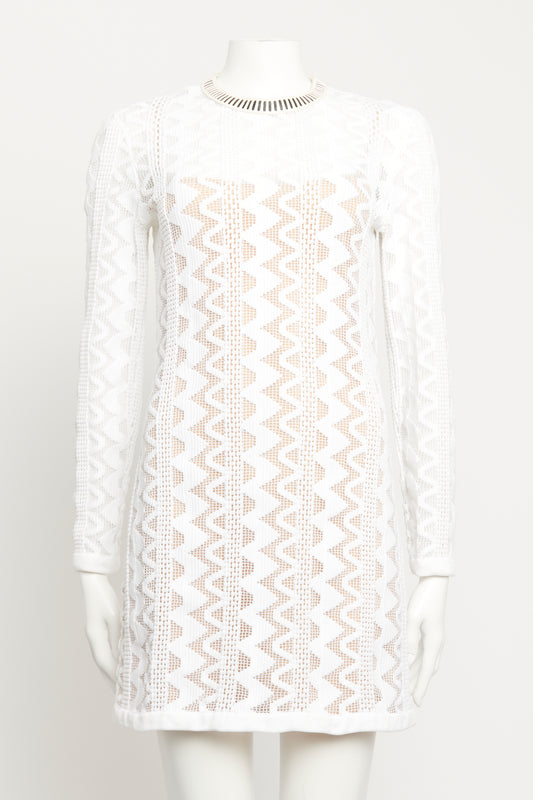2015 White Synthetic Preowned Crochet Zig Zag Mini Dress