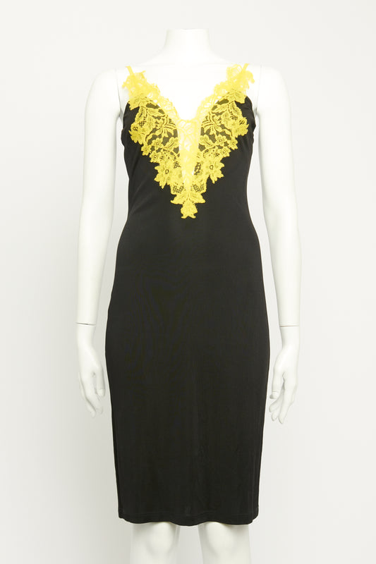 Black Viscose Preowned V-Neck Lace Embroidered Midi Dress