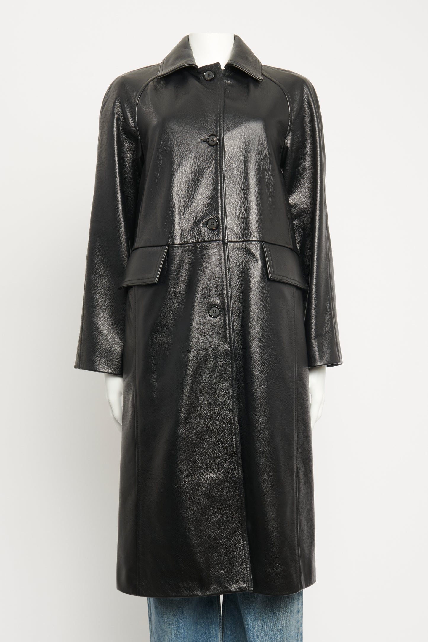 Black Leather Preowned Raglan-sleeve Coat