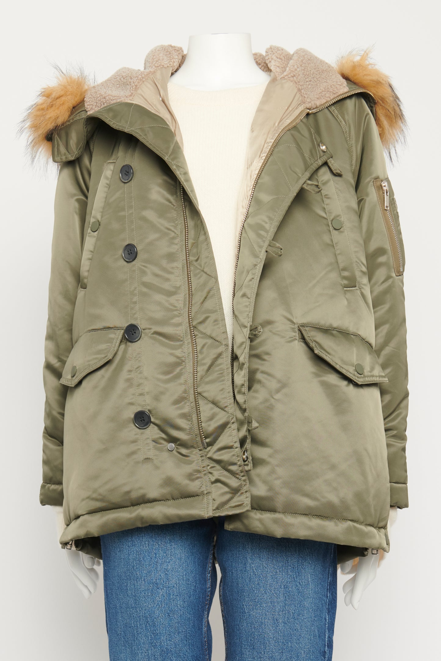 Khaki Padded Preowned Faux Fur Collar Coat