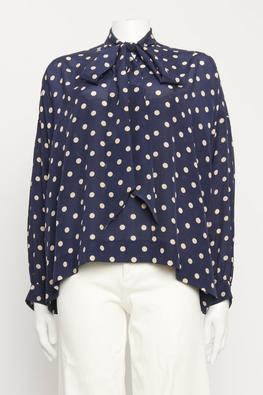 2017 Navy Silk Polka Mock Neck Preowned Blouse