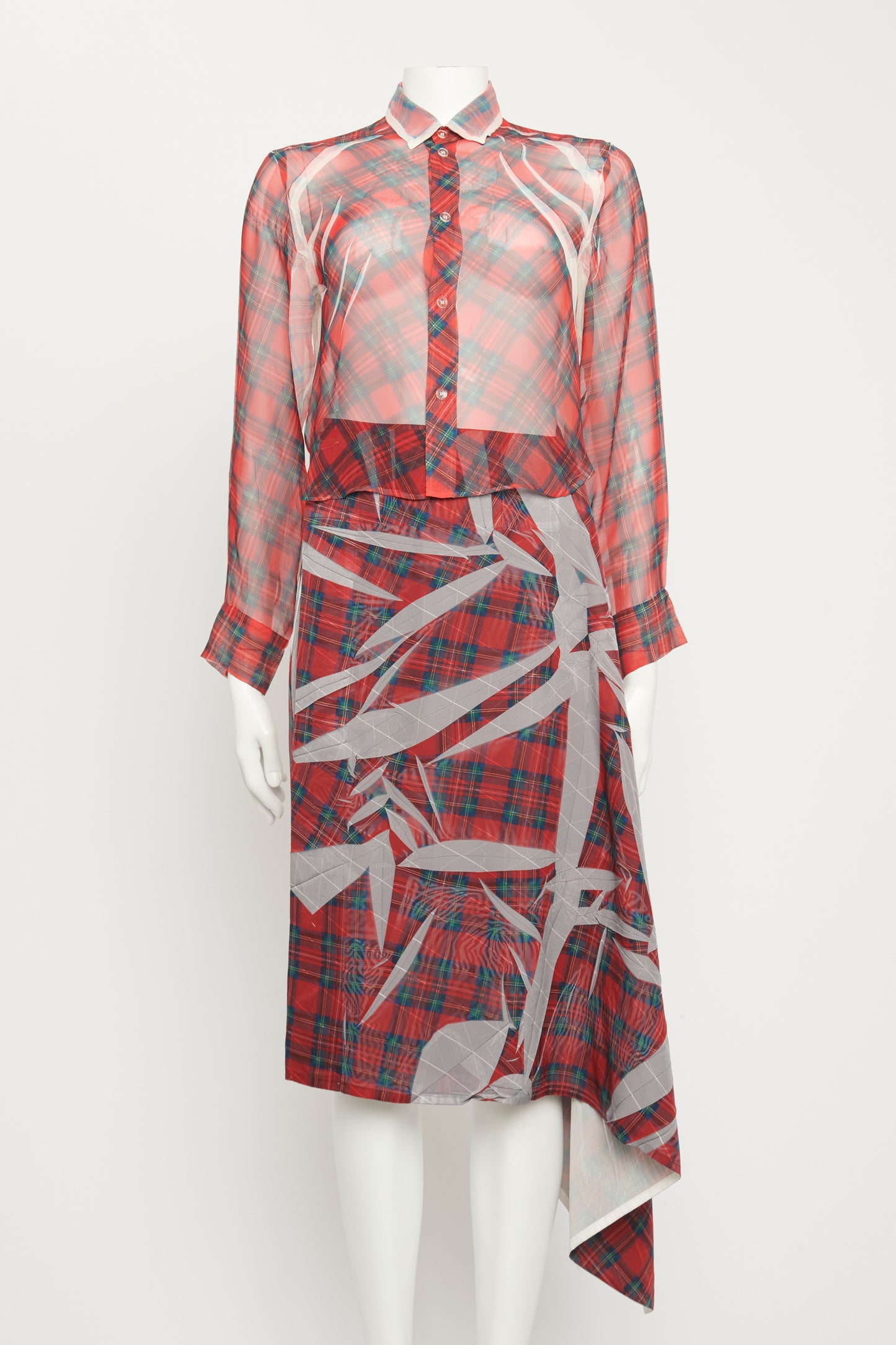 Tartan Sheer Blouse & Asymmetrical Skirt Preowned Set