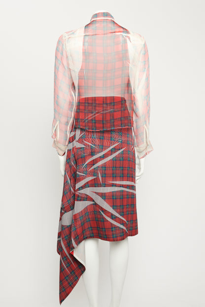 Tartan Sheer Blouse & Asymmetrical Skirt Preowned Set