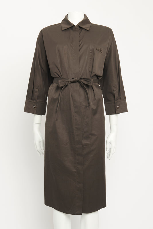 Brown Cotton Belted Shirt Dress