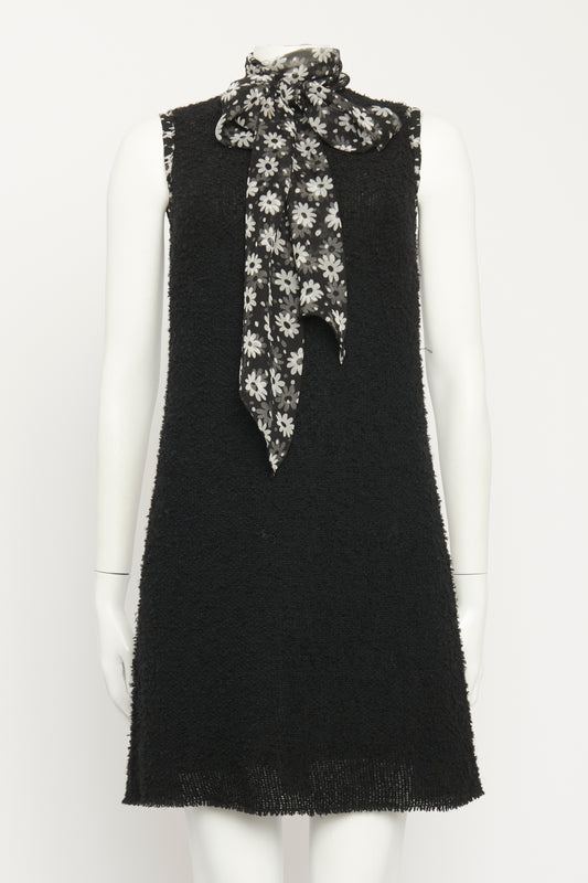 Black Wool Boucle Floral Scarf Preowned Dress