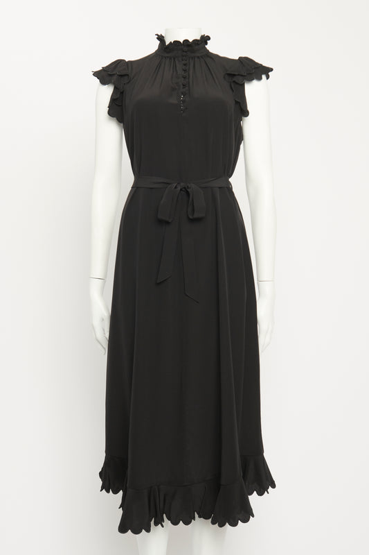 Ebony Silk Scallop Preowned Midi Dress