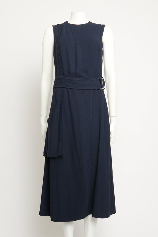 Navy Crepe Belted Preowned Dress