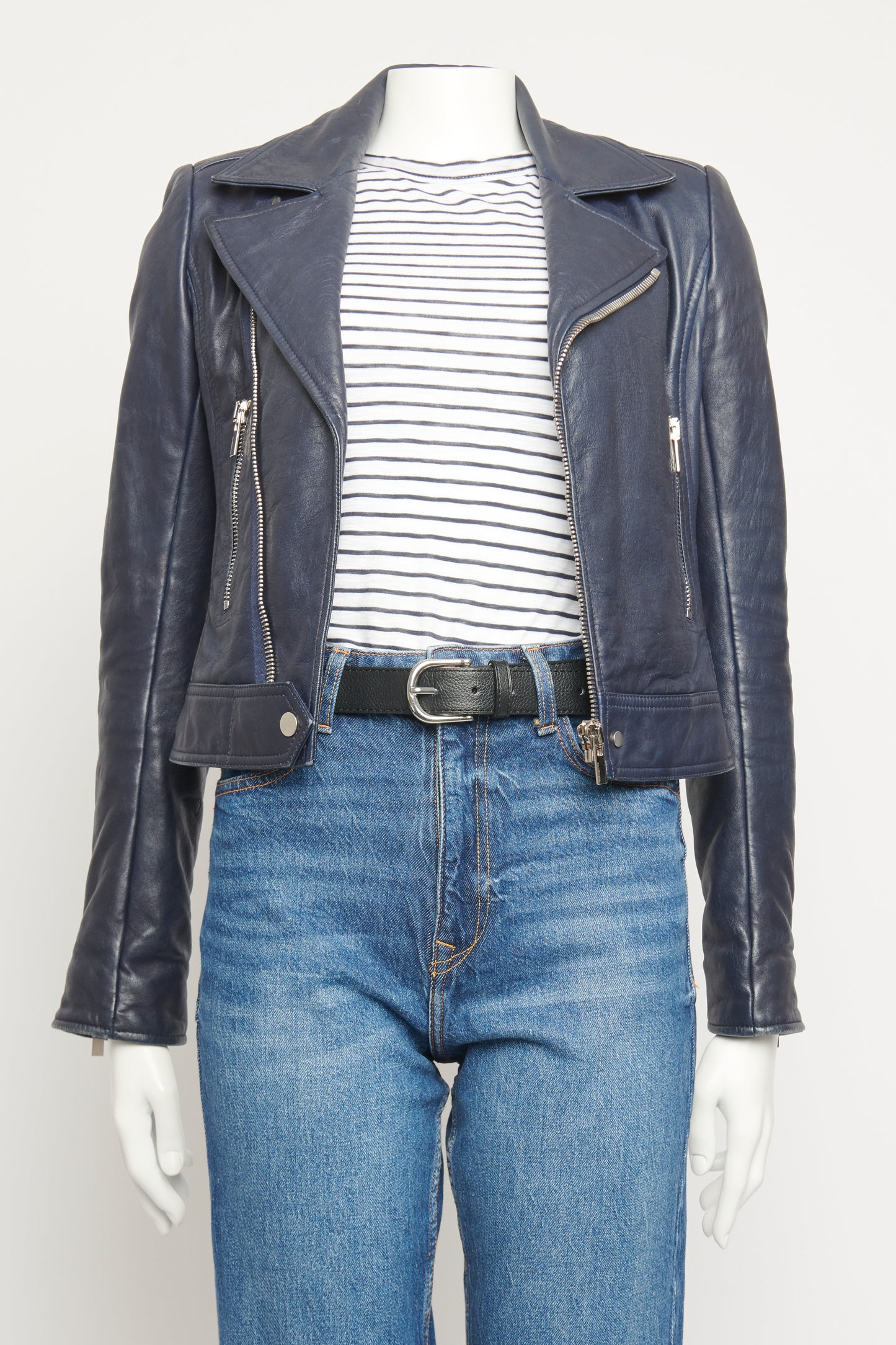 2014 Navy Leather Preowned Biker Jacket