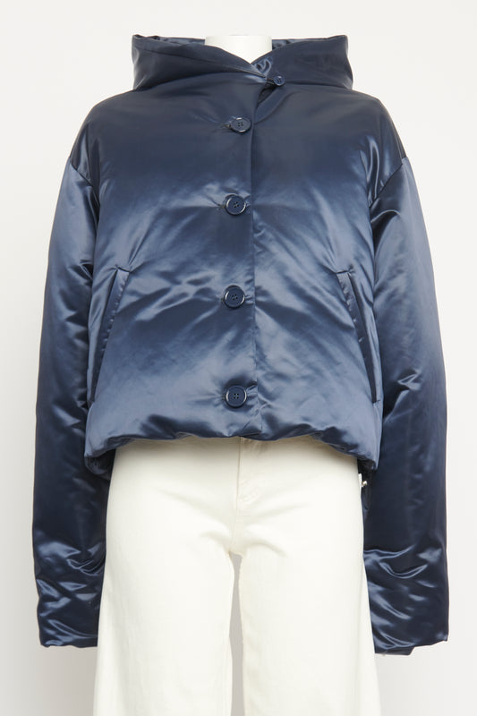 Navy Satin Hooded Preowned Puffer Jacket