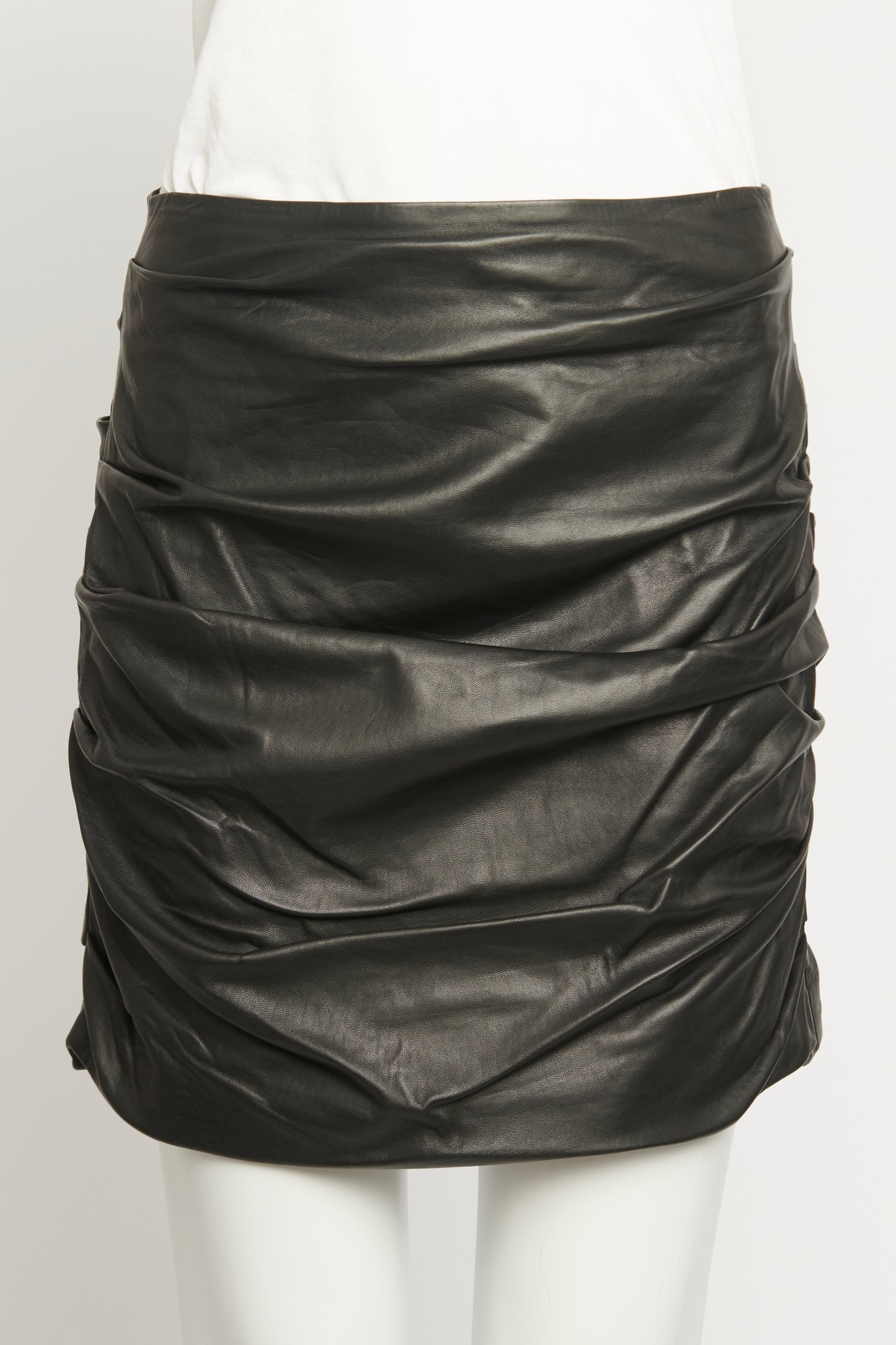 Black Leather Ruched Preowned Mini Skirt