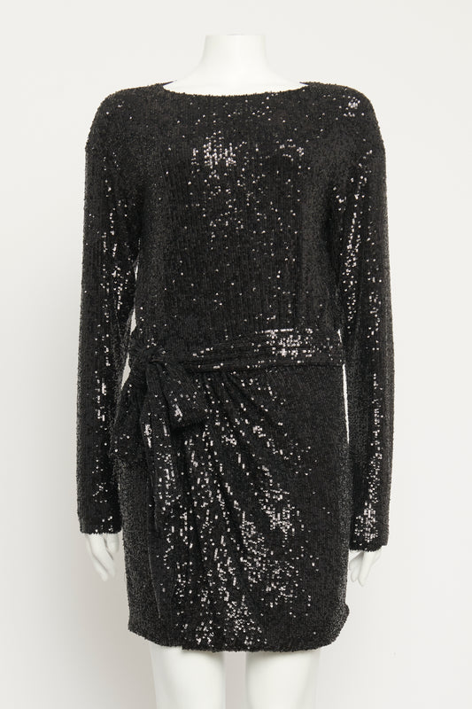 Black Sequin Wrap Preowned Mini Dress