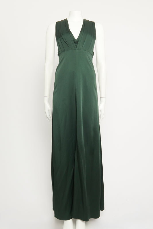 Green Gathered V Neckline Preowned Evening Dress