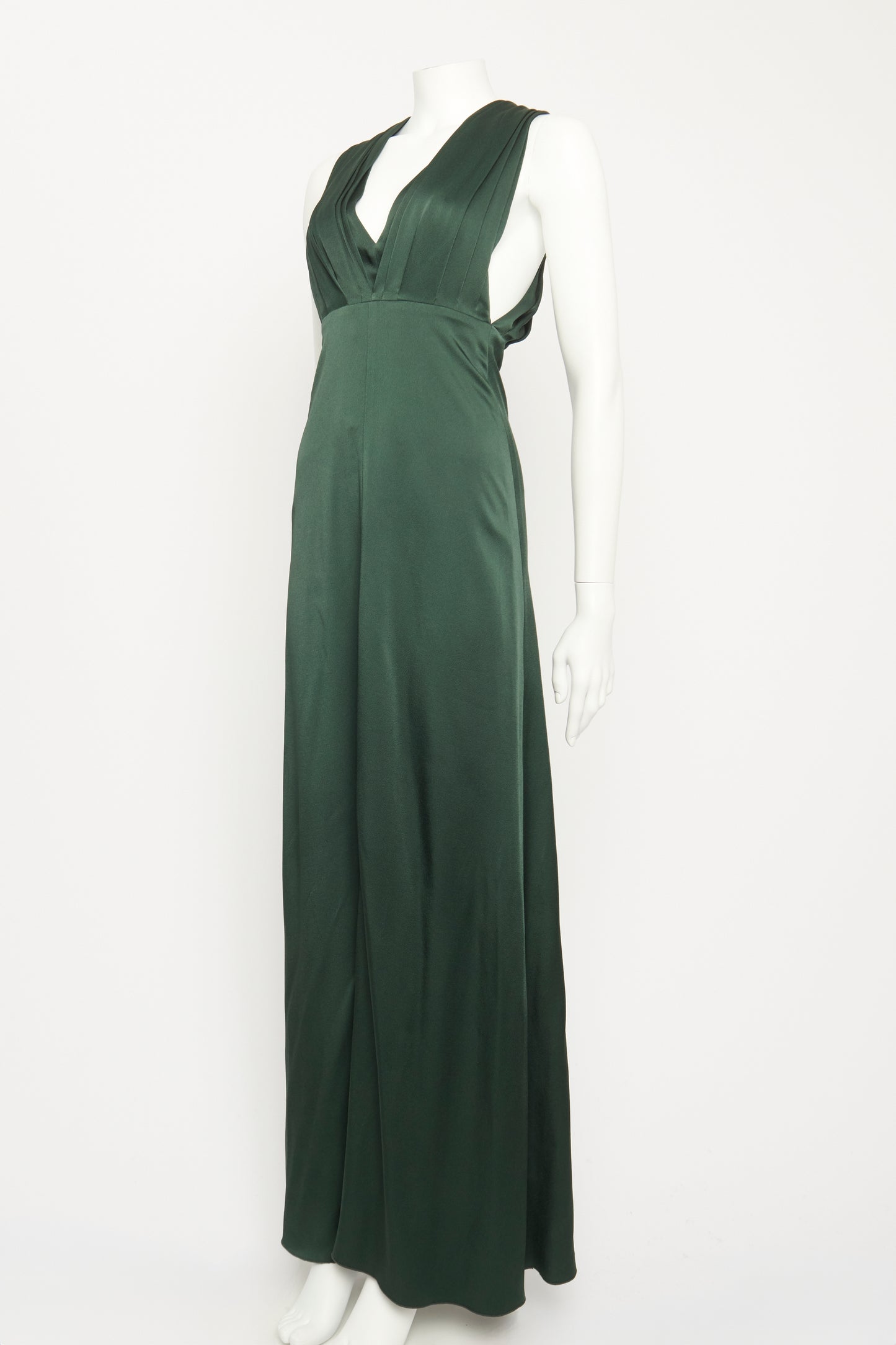 Green Gathered V Neckline Preowned Evening Dress