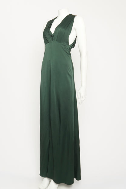 Green Gathered V Neckline Preowned Evening Dress