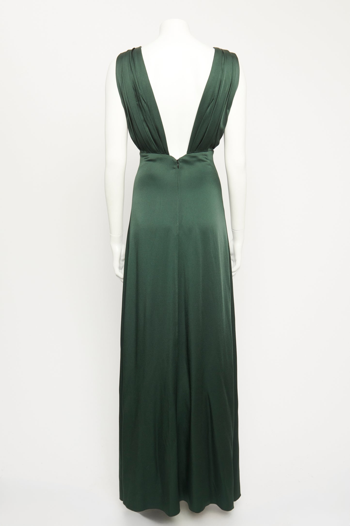 Green Gathered V Neckline Preowned Evening Dress