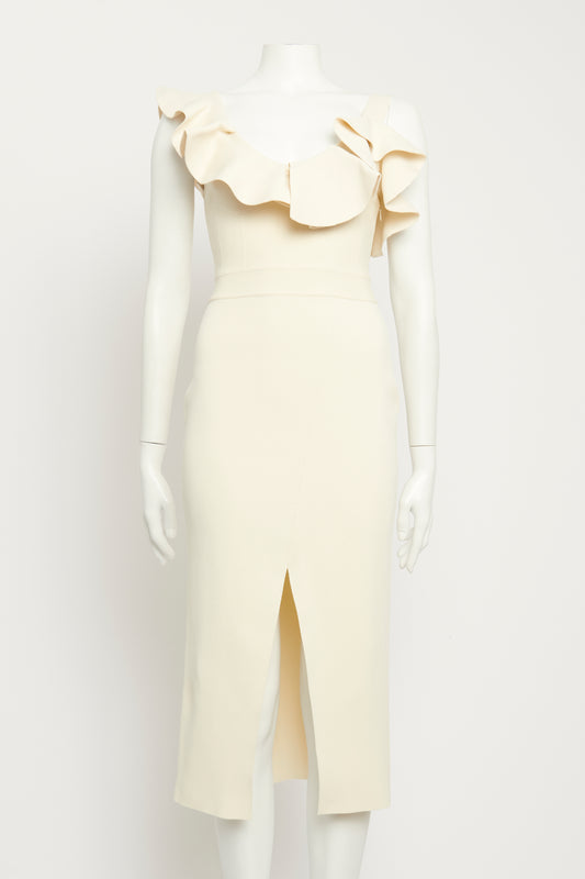 Ivory Ruffled-neckline Preowned Midi Dress