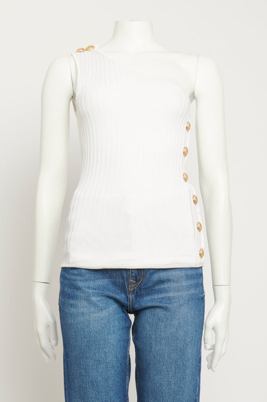 White Viscose Ribbed One Shoulder Top