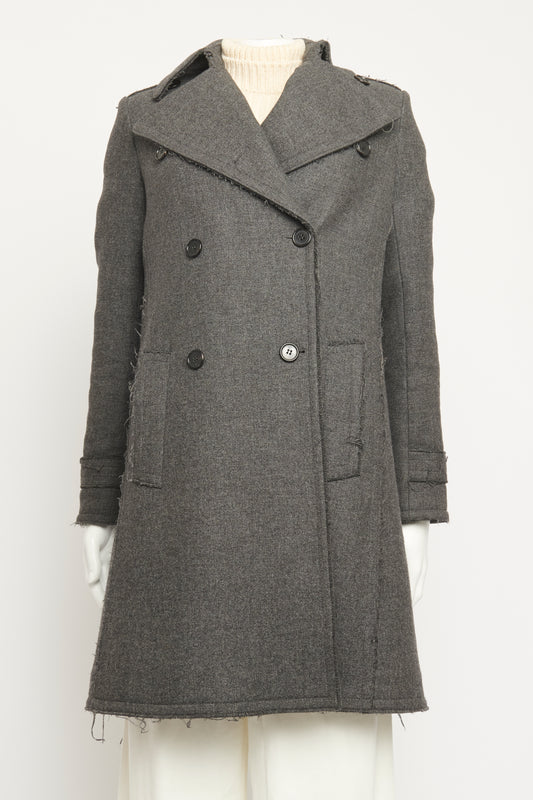 Grey Wool Double Breasted Preowned Coat With Raw Finish