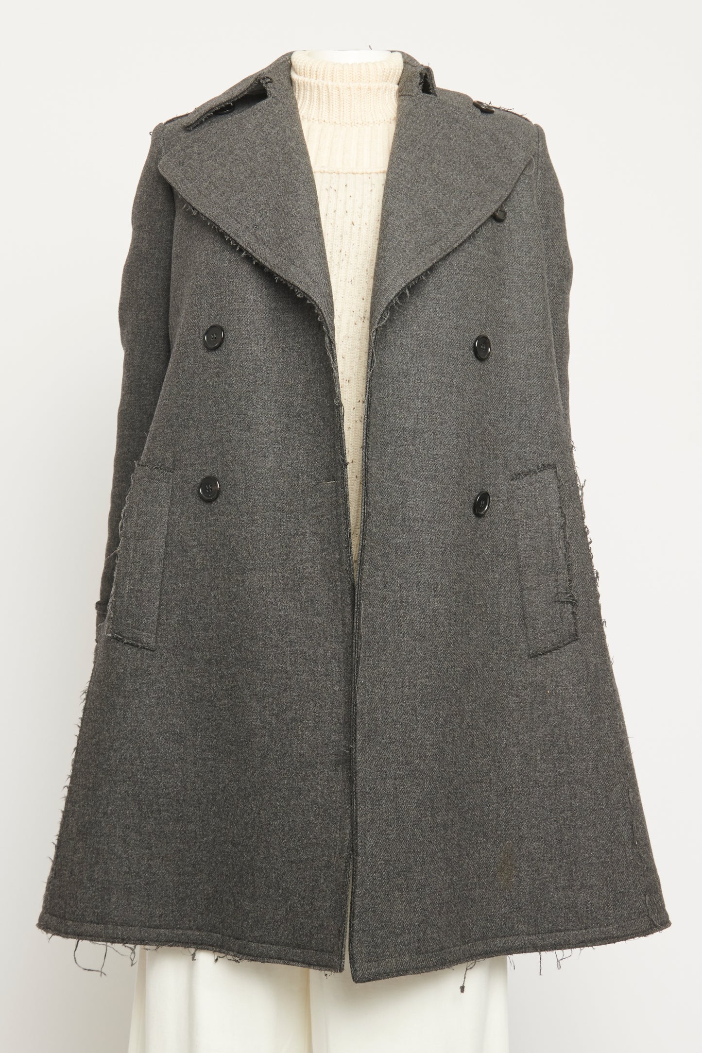 Grey Wool Double Breasted Preowned Coat With Raw Finish