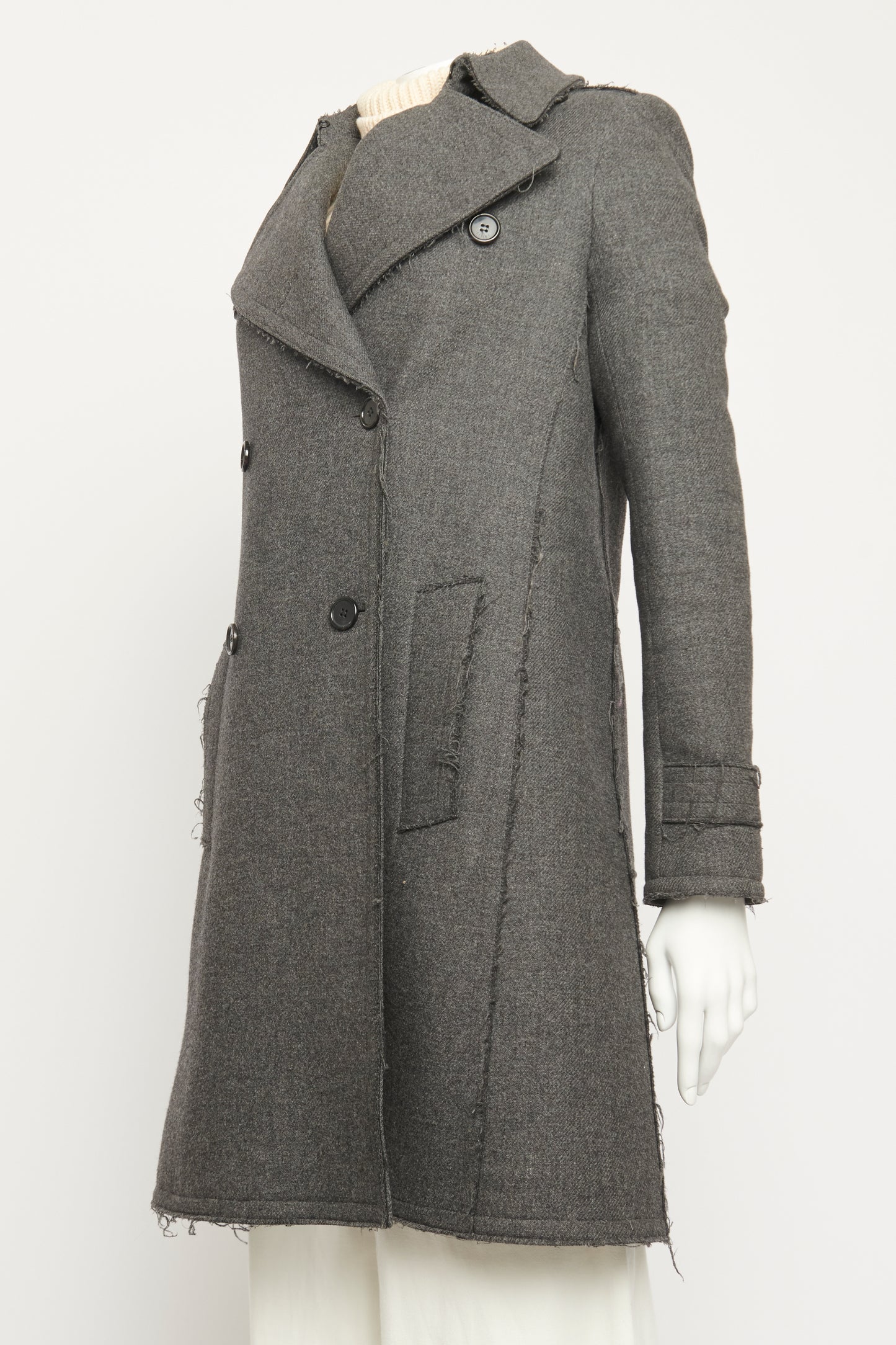 Grey Wool Double Breasted Preowned Coat With Raw Finish