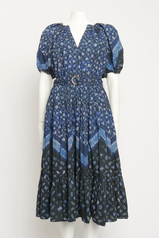 Cotton Navy Print Preowned Midi Dress