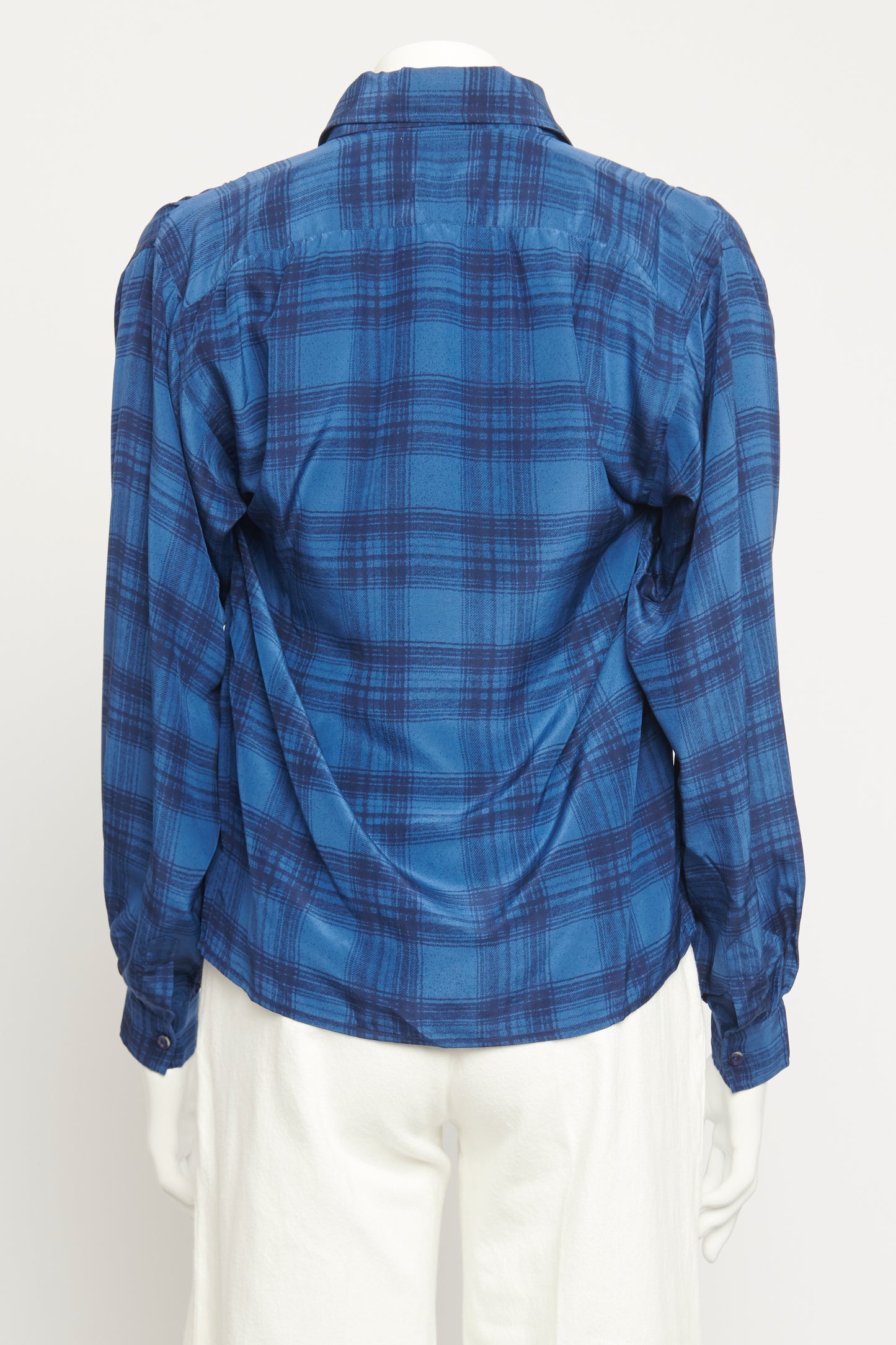 1980's Blue Silk Preowned Check Neck-Tie Blouse