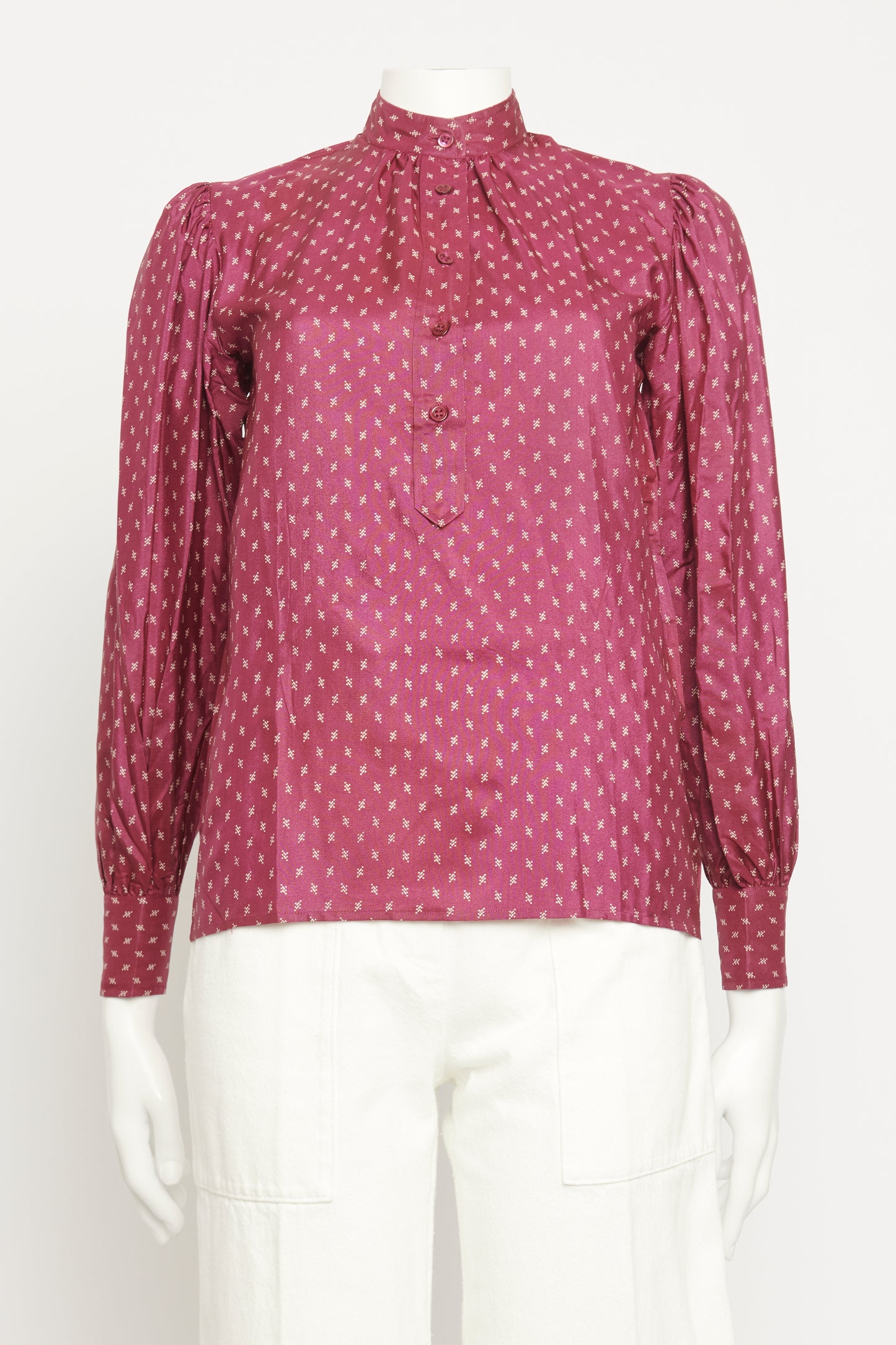 1980's Burgundy Silk Preowned Puff Sleeve Blouse