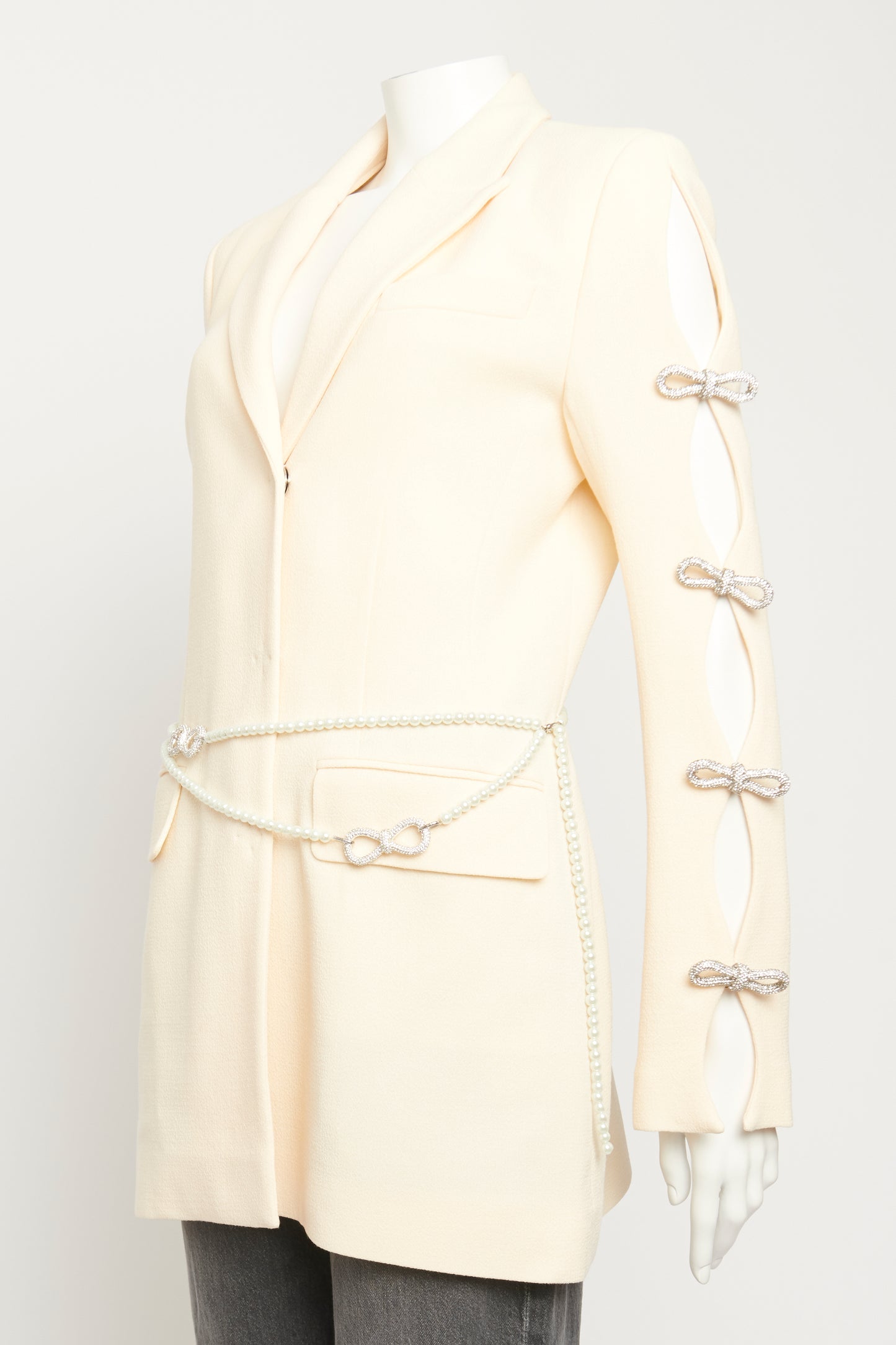 Cream Bow-Embellished Wool Preowned Mini Dress