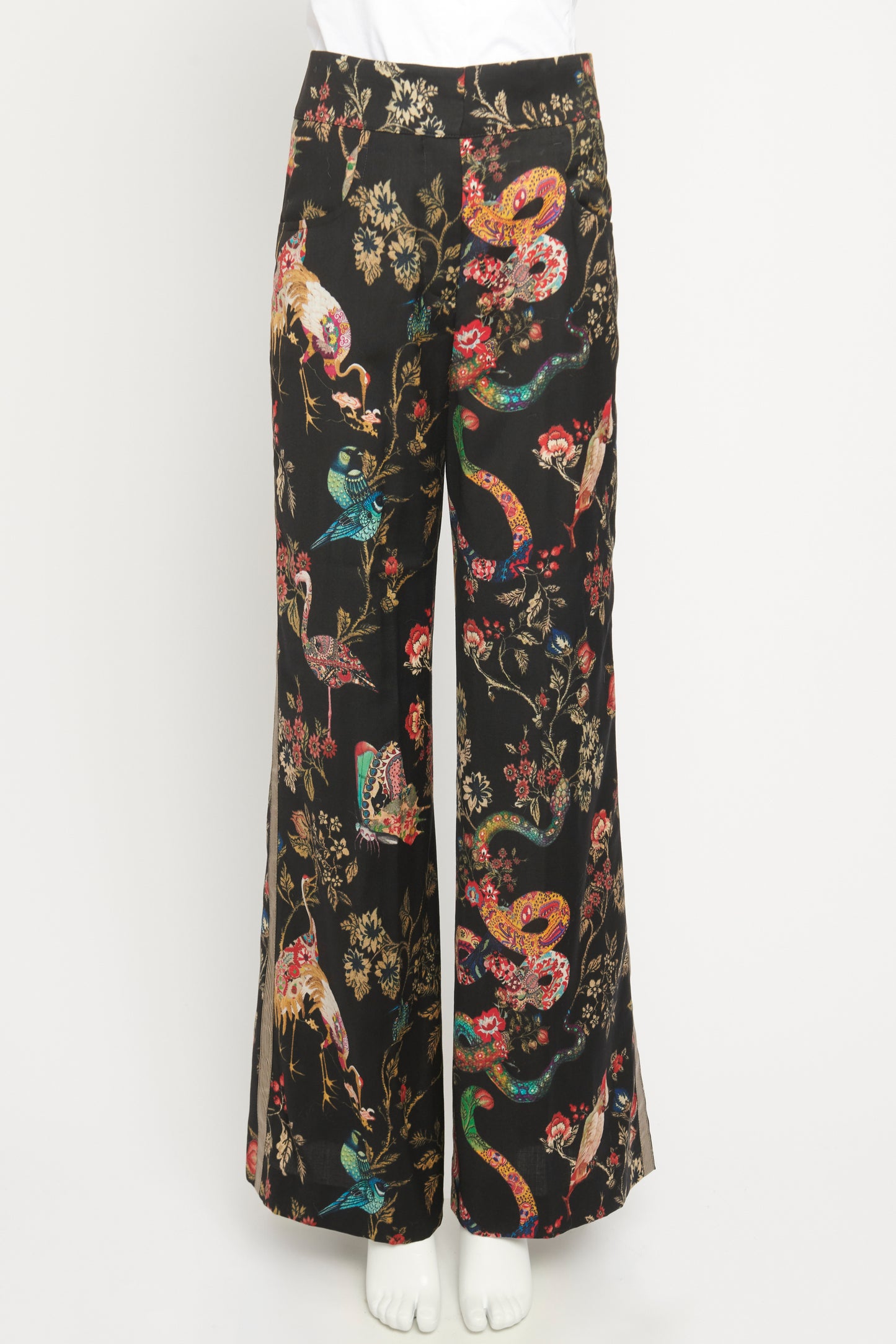 Black Wool Preowned Printed Floral Wide Leg Trousers