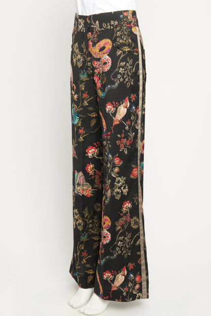 Black Wool Preowned Printed Floral Wide Leg Trousers