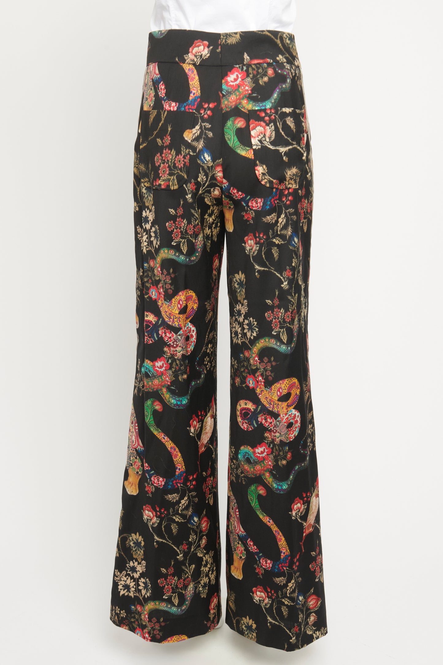 Black Wool Preowned Printed Floral Wide Leg Trousers