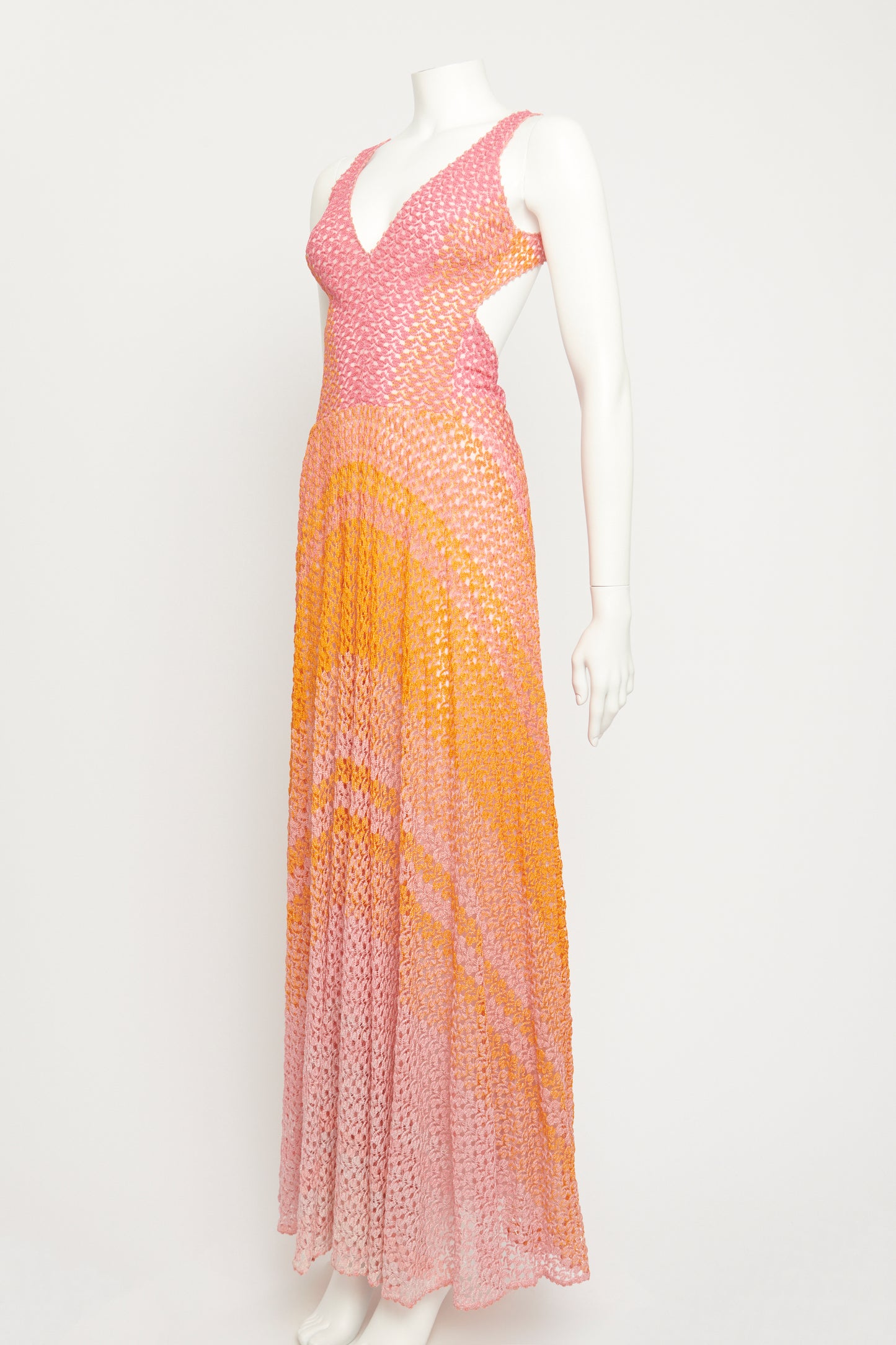 Pink & Orange Rayon Blend Preowned V-Neck Maxi Dress