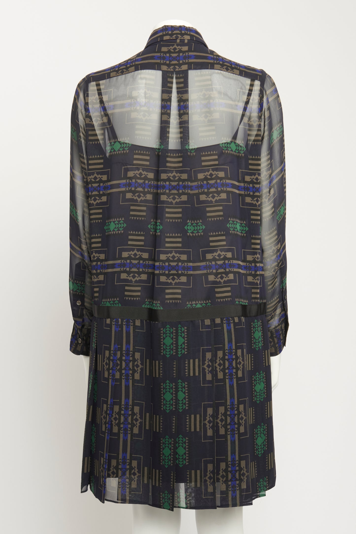 Geometric Navy Silk Double Layer Preowned Dress