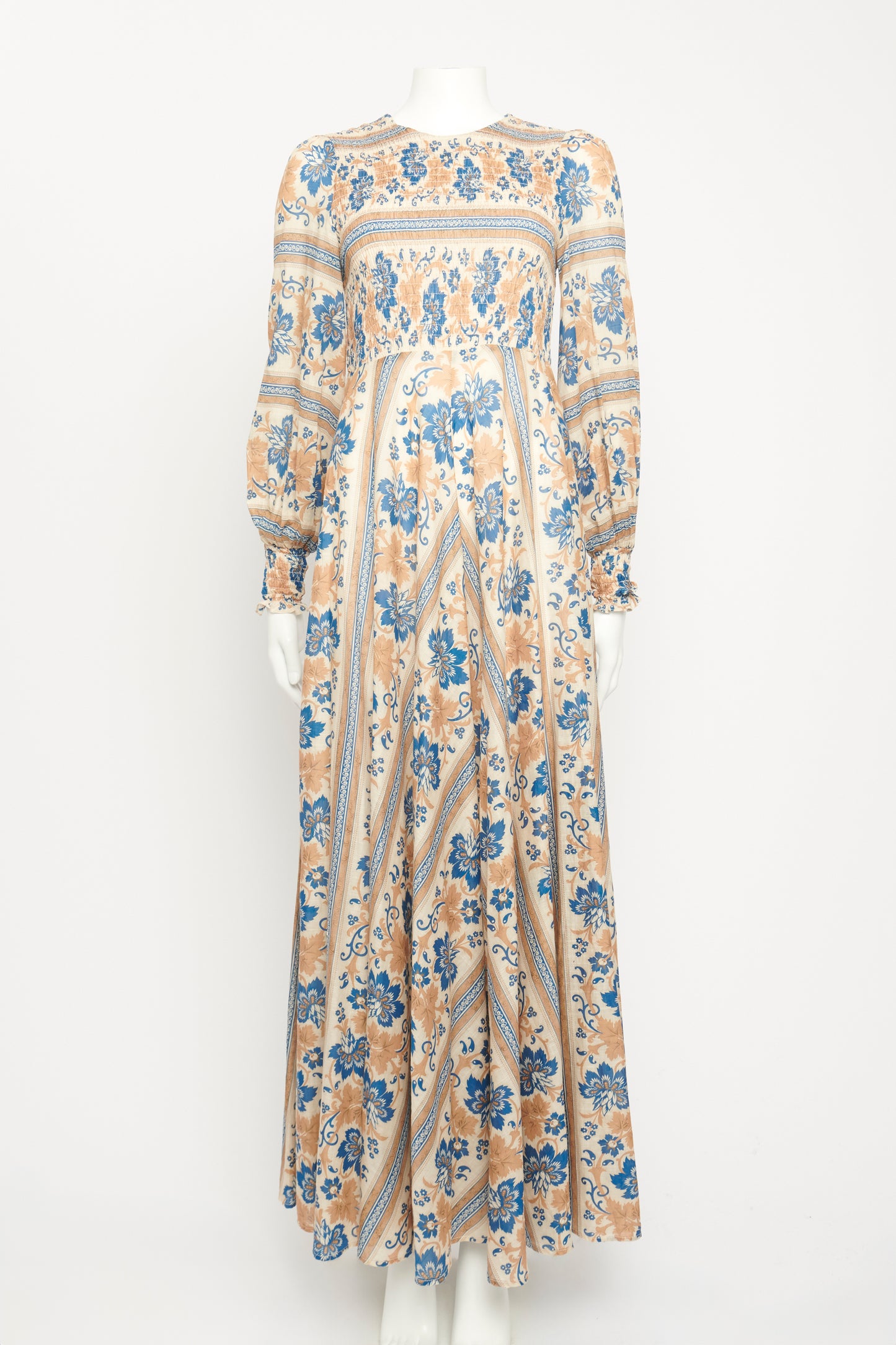 Printed Tan and Navy Preowned Long Dress