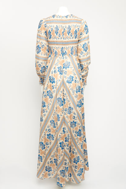 Printed Tan and Navy Preowned Long Dress