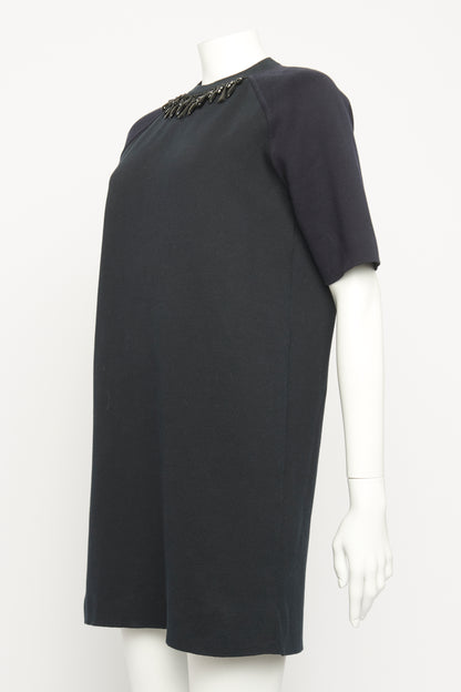 Black Wool Blend Preowned Embellished Paris Shift Dress